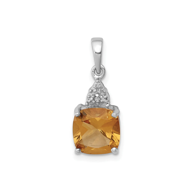 Sterling Silver Pendant with Cushion Cut Citrine and Diamond Accents, November Birthstone Jewelry