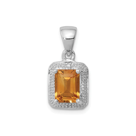 Sterling Silver Pendant with Emerald Cut Citrine and Diamond Accent, Textured Rectangle Design