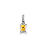 Sterling Silver Citrine Pendant with Textured Bail, Emerald Cut with Diamond Accents