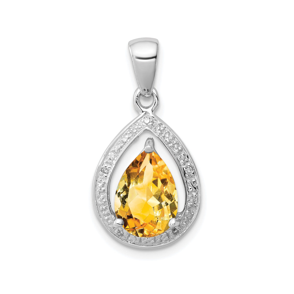 Sterling Silver Teardrop Pendant with Yellow Citrine and Diamond Accents