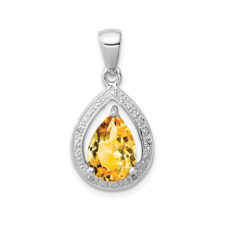Sterling Silver Teardrop Pendant with Yellow Citrine and Diamond Accents