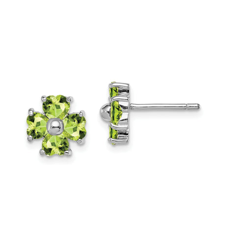 Sterling Silver Clover Stud Earrings with Heart Shaped Peridot Gemstones, Four Leaf Design