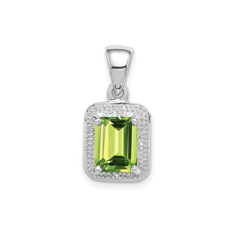 Sterling Silver Pendant with Peridot and Diamond, Emerald Cut Halo Design for Women