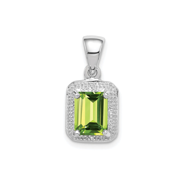 Sterling Silver Pendant with Peridot and Diamond, Emerald Cut Halo Design for Women
