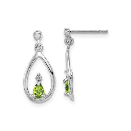 Sterling Silver Teardrop Dangle Earrings with Pear Shaped Peridot and Diamond Accents