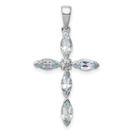 Aquamarine and Diamond Cross 25x17mm 1ct Charm Pendant in Real 925 Sterling Silver