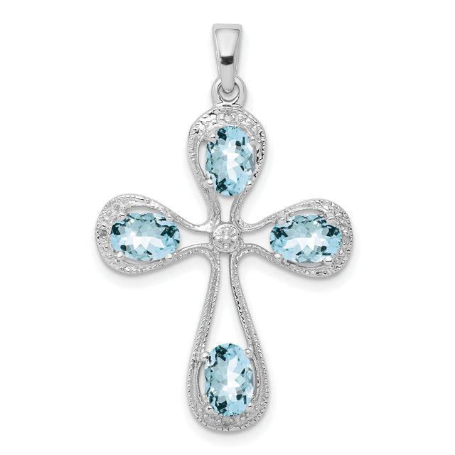Aquamarine & Diamond Cross 27x22mm 1.15ct Charm Pendant in Real 925 Sterling Silver