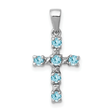 Light Swiss Blue Topaz Cross and Diamond Charm Pendant in Real 925 Sterling Silver