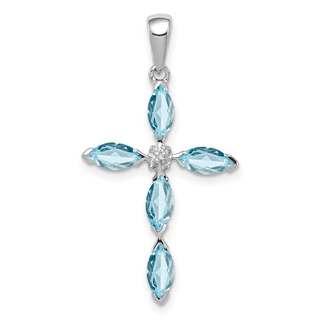 Sterling Silver Cross Pendant with Sky Blue Topaz and Diamond, Modern Spiritual Design