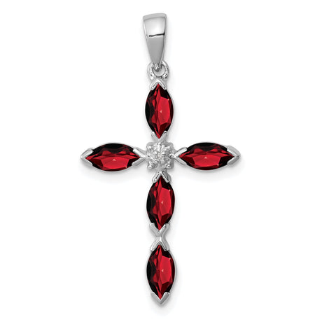 Sterling Silver Cross Pendant with Marquise Garnet and Diamond Accents