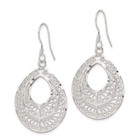 Sterling Silver Teardrop Dangle Earrings with Filigree Openwork Design, Boho Vintage Style