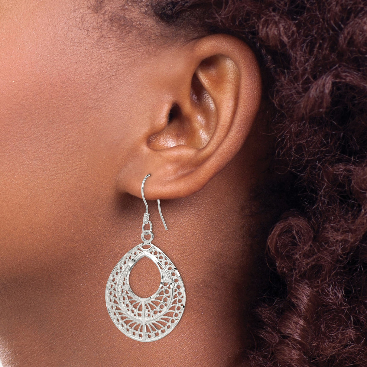 Sterling Silver Teardrop Dangle Earrings with Filigree Openwork Design, Boho Vintage Style