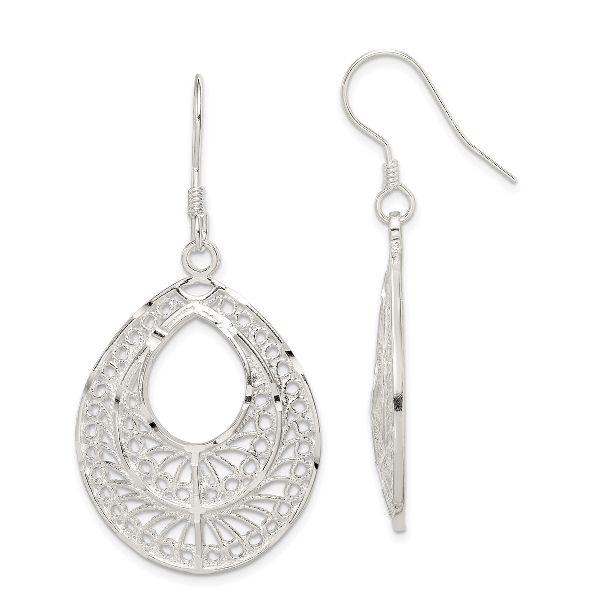 Sterling Silver Teardrop Dangle Earrings with Filigree Openwork Design, Boho Vintage Style