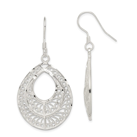 Sterling Silver Teardrop Dangle Earrings with Filigree Openwork Design, Boho Vintage Style