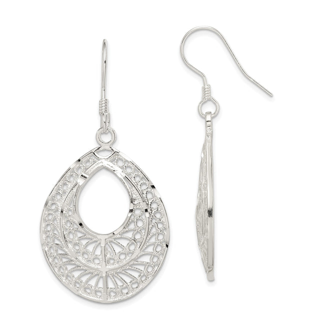 Sterling Silver Teardrop Dangle Earrings with Filigree Openwork Design, Boho Vintage Style