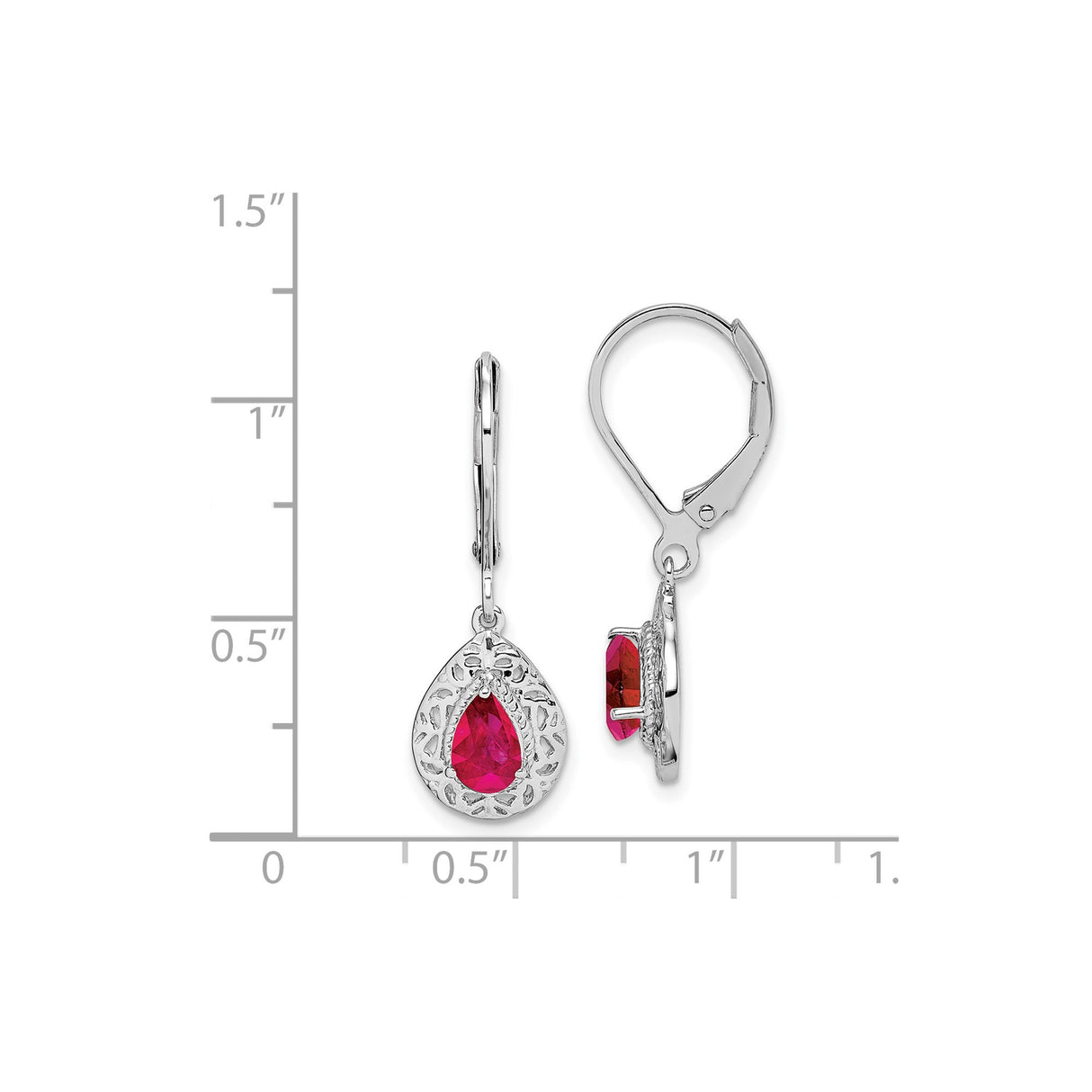 Sterling Silver Dangle Earrings with Ruby Teardrop Gemstones, Filigree Design, Leverback Closure