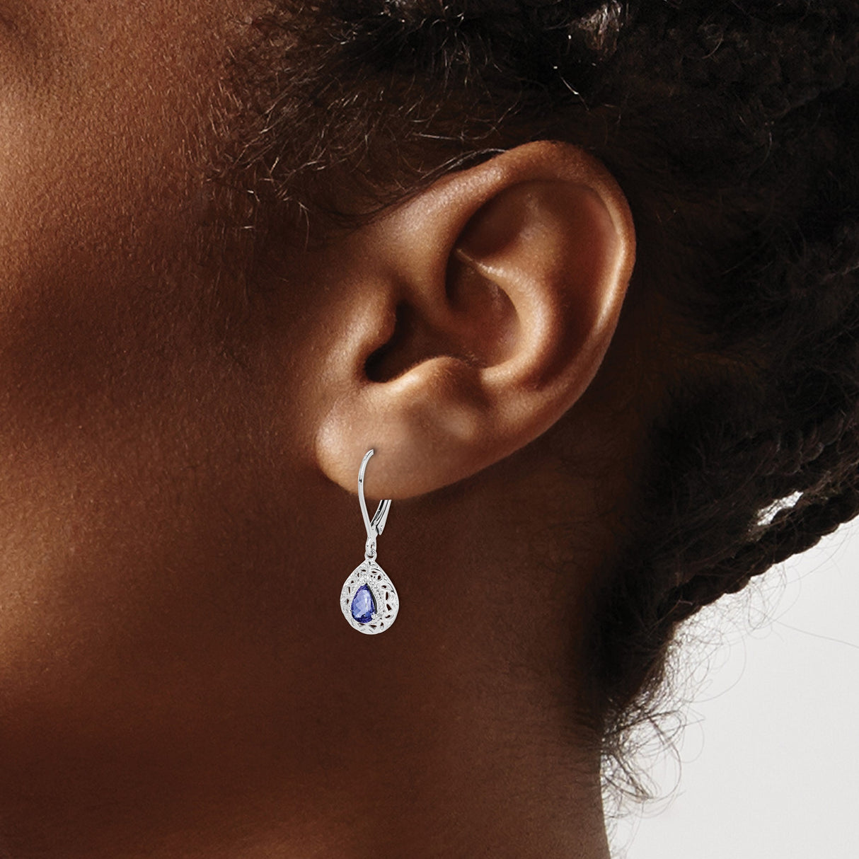 Sterling Silver Teardrop Earrings with Tanzanite, Filigree Leverback Dangle Style