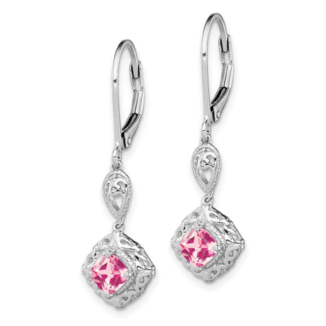 Sterling Silver Drop Earrings with Pink Tourmaline, Filigree Hearts, Leverback Design
