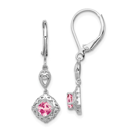 Sterling Silver Drop Earrings with Pink Tourmaline, Filigree Hearts, Leverback Design