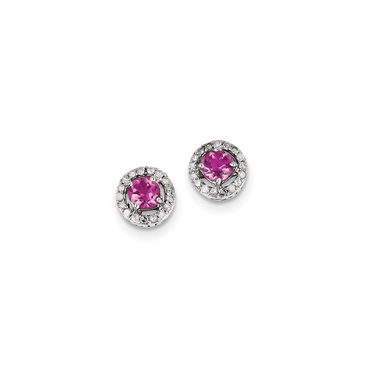 Sterling Silver Stud Earrings with Pink Tourmaline and Diamond Halo, Romantic Circle Design