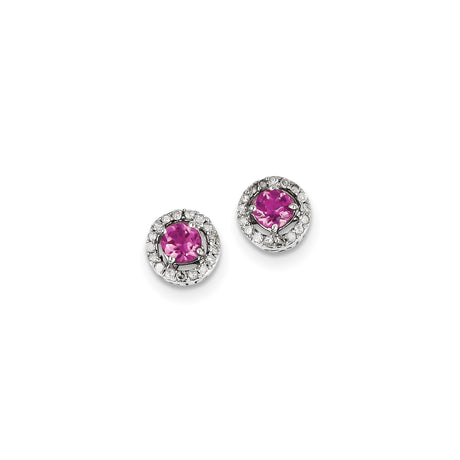 Sterling Silver Stud Earrings with Pink Tourmaline and Diamond Halo, Romantic Circle Design
