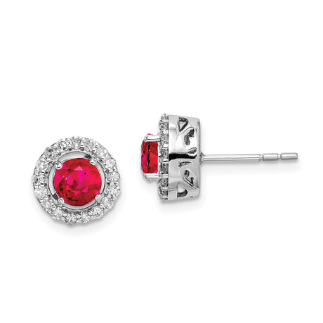 Sterling Silver Stud Earrings with Created Ruby and Diamond Accent, Halo Setting, Heart Gallery Design
