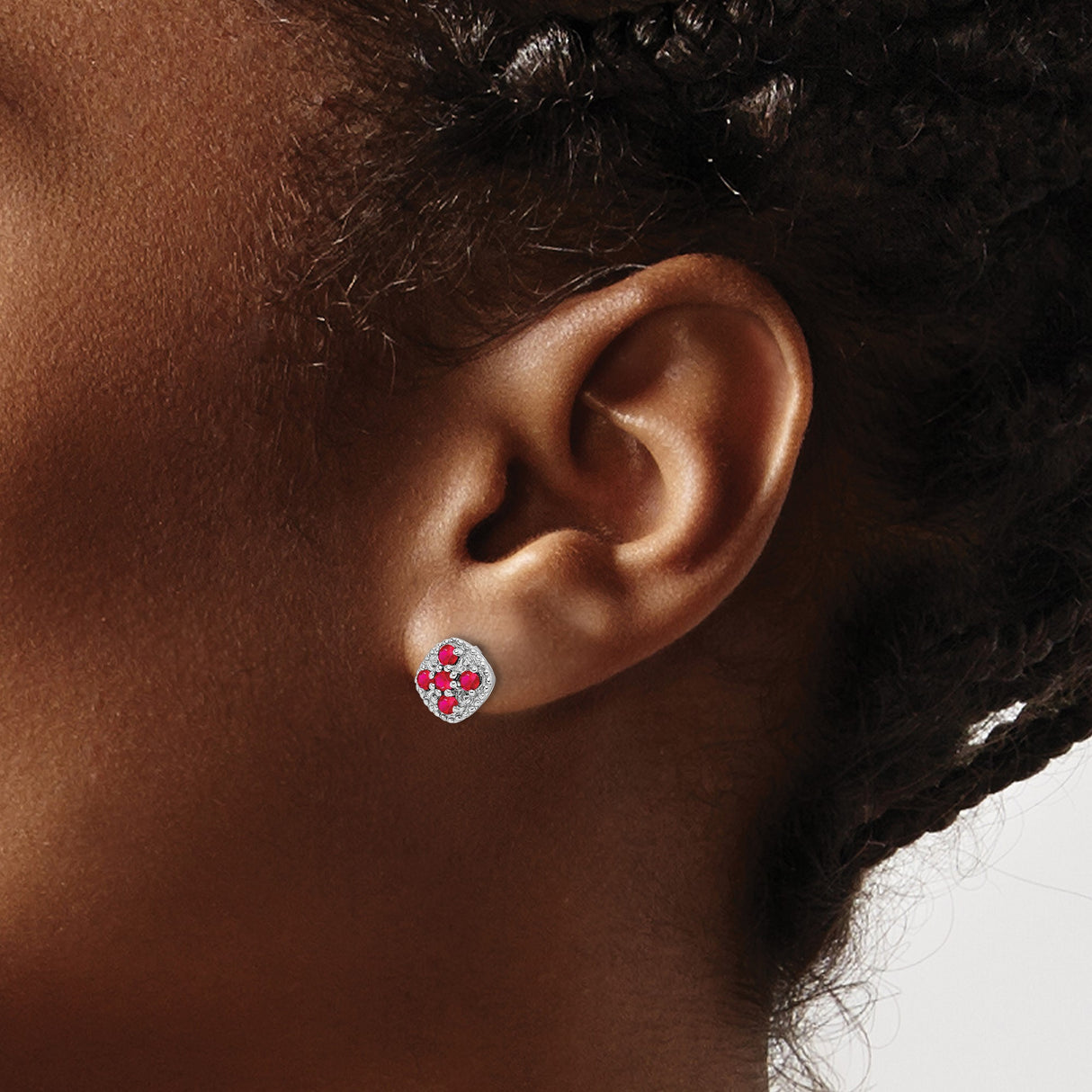 Sterling Silver Cushion Stud Earrings with Ruby Cluster in Floral Cross Design