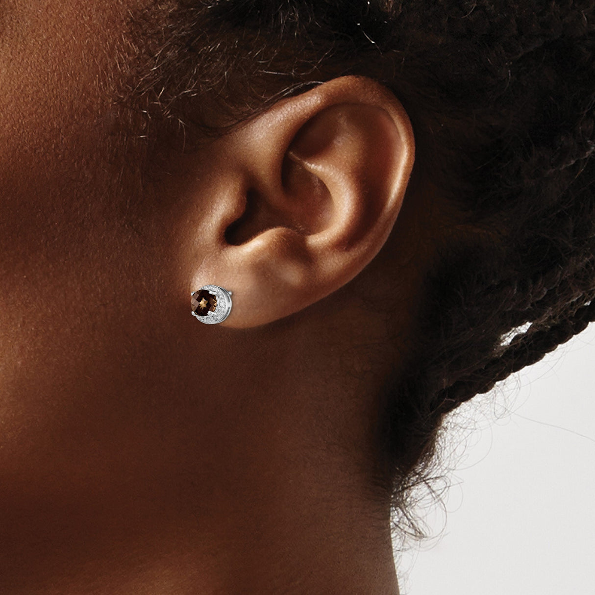 Sterling Silver Stud Earrings with Smoky Quartz and Diamond Accents, Halo Style for Women