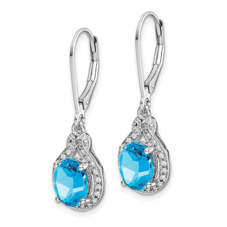 Sterling Silver Dangle Earrings with Swiss Blue Topaz and Diamond Accents, Teardrop Leverback Design