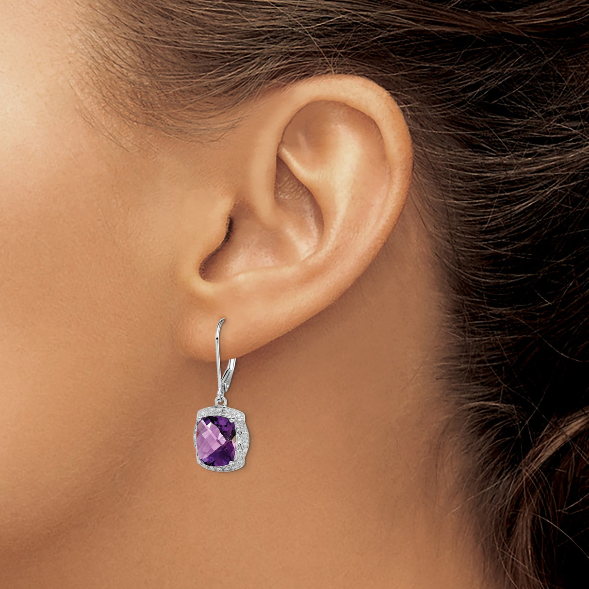Sterling Silver Dangle Earrings with Cushion Cut Amethyst and Diamond Halo Leverback Design
