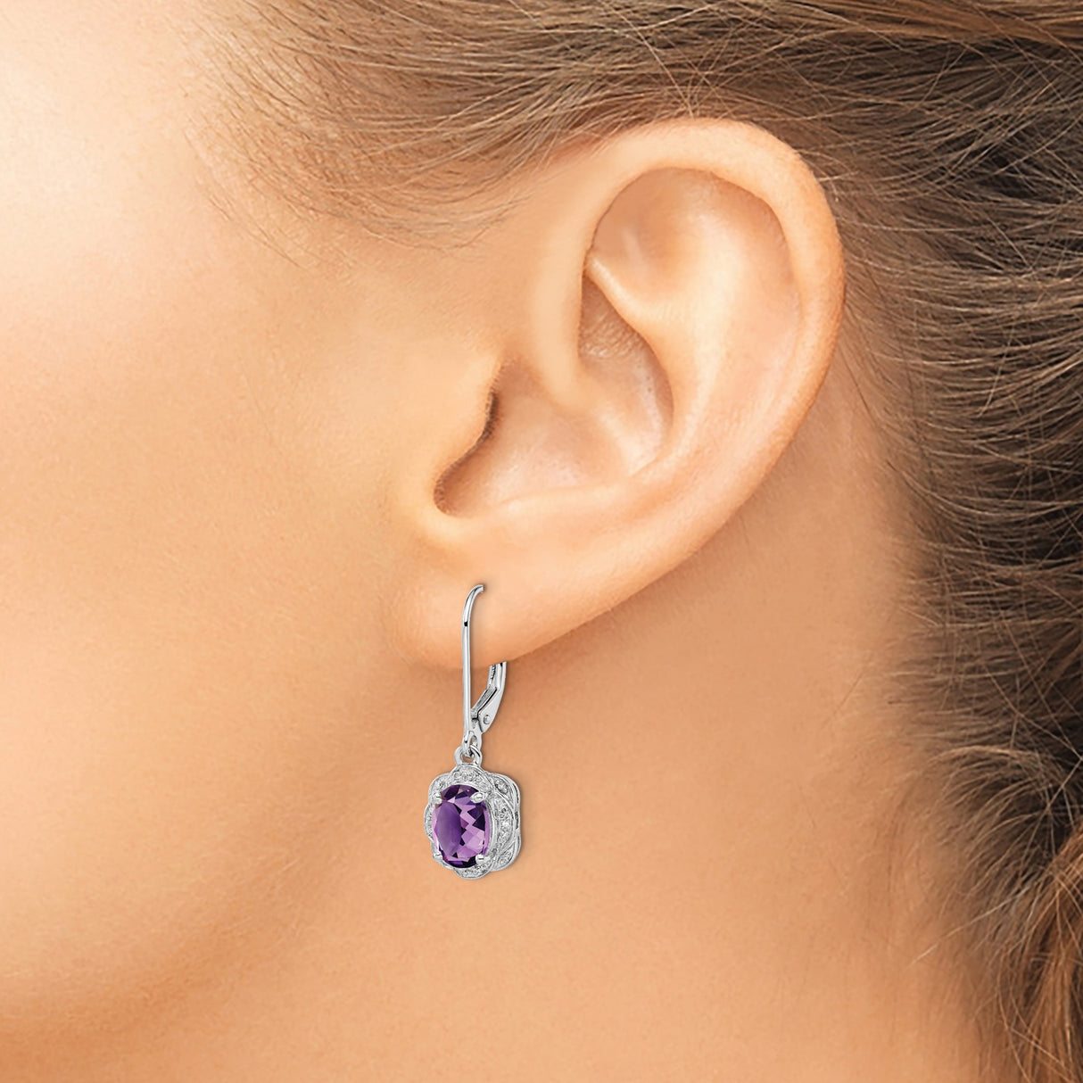 Sterling Silver Dangle Earrings with Oval Amethyst and Halo Cubic Zirconia Floral Design