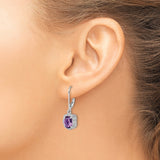 Sterling Silver Dangle Earrings with Oval Amethyst and Halo Cubic Zirconia Floral Design