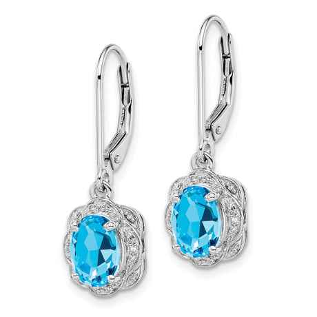 Sterling Silver Dangle Earrings with Swiss Blue Topaz and Diamond Accents, Vintage Floral Halo Design