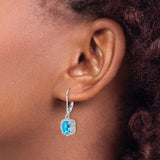 Sterling Silver Dangle Earrings with Swiss Blue Topaz and Diamond Accents, Vintage Floral Halo Design