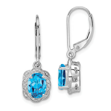Sterling Silver Dangle Earrings with Swiss Blue Topaz and Diamond Accents, Vintage Floral Halo Design