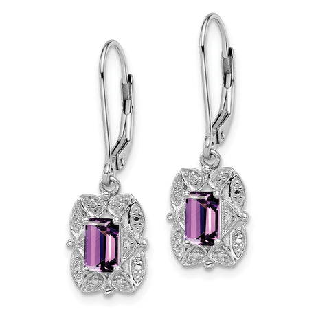 Sterling Silver Dangle Earrings with Amethyst and Diamond, Floral Motif, Vintage Style