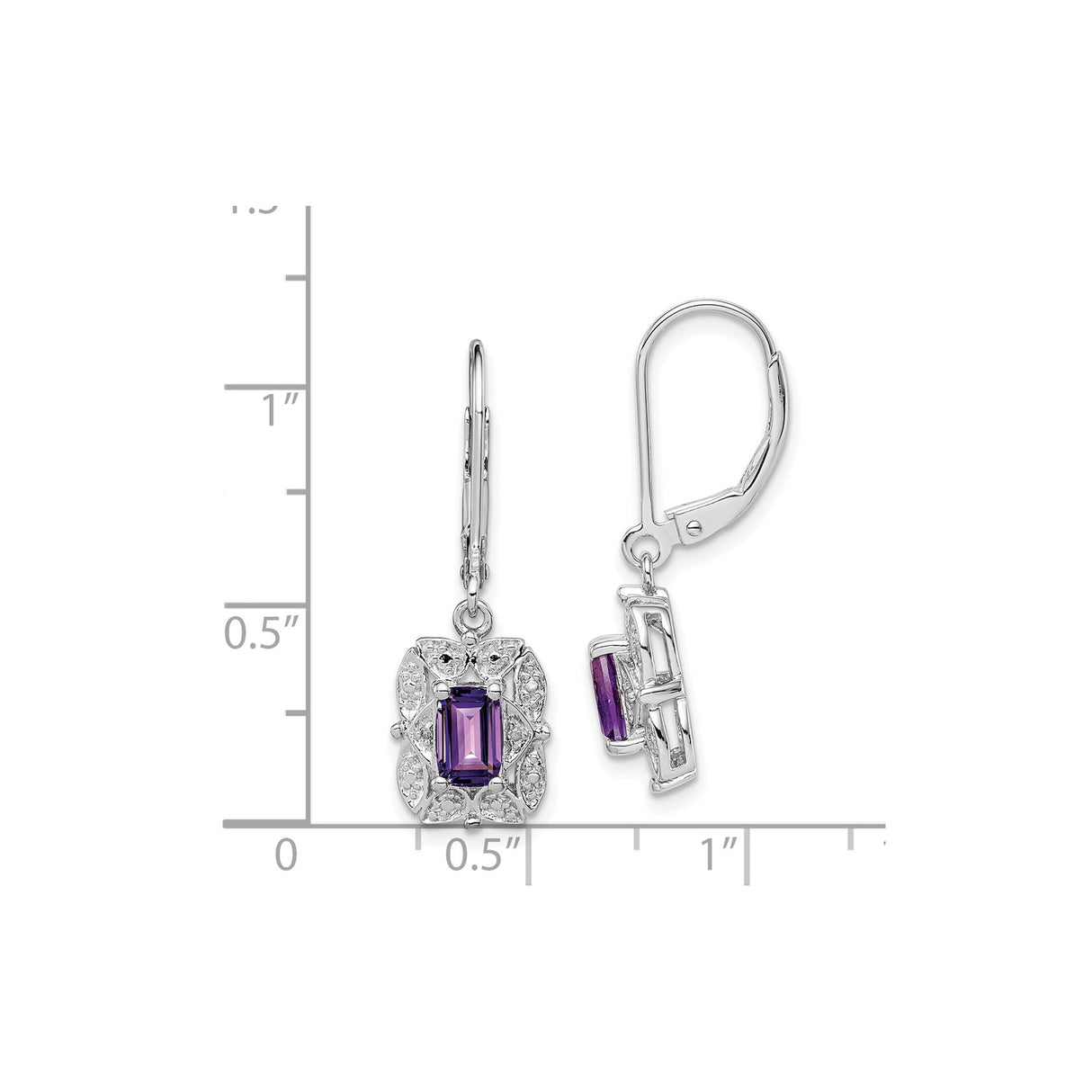Sterling Silver Dangle Earrings with Amethyst and Diamond, Floral Motif, Vintage Style