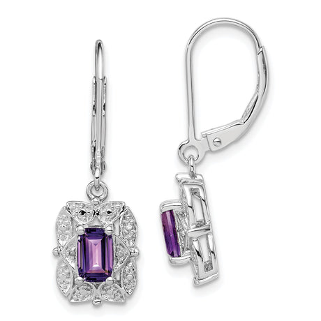 Sterling Silver Dangle Earrings with Amethyst and Diamond, Floral Motif, Vintage Style