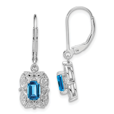 Sterling Silver Dangle Earrings with Swiss Blue Topaz and Diamond, Vintage Filigree Design