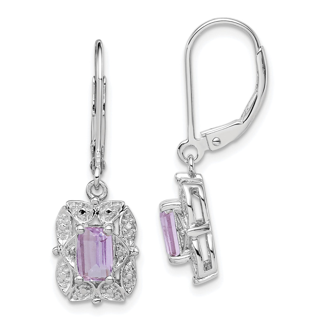 Sterling Silver Drop Earrings with Amethyst and Diamond Accents, Vintage Filigree Leverback Design