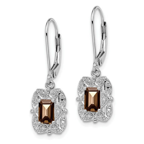 Sterling Silver Dangle Earrings with Smoky Quartz, Filigree Design, Diamond Accents, Leverback Closure