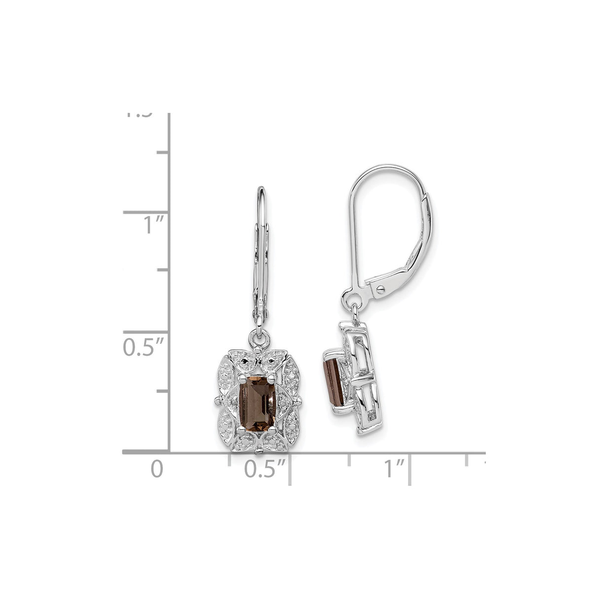 Sterling Silver Dangle Earrings with Smoky Quartz, Filigree Design, Diamond Accents, Leverback Closure