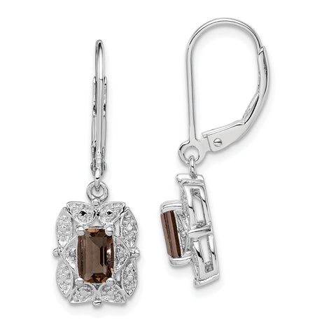 Sterling Silver Dangle Earrings with Smoky Quartz, Filigree Design, Diamond Accents, Leverback Closure