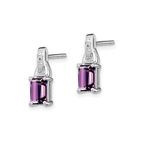 Sterling Silver Amethyst Stud Earrings with Diamond Accents, Rectangular Cut, Minimalist Style