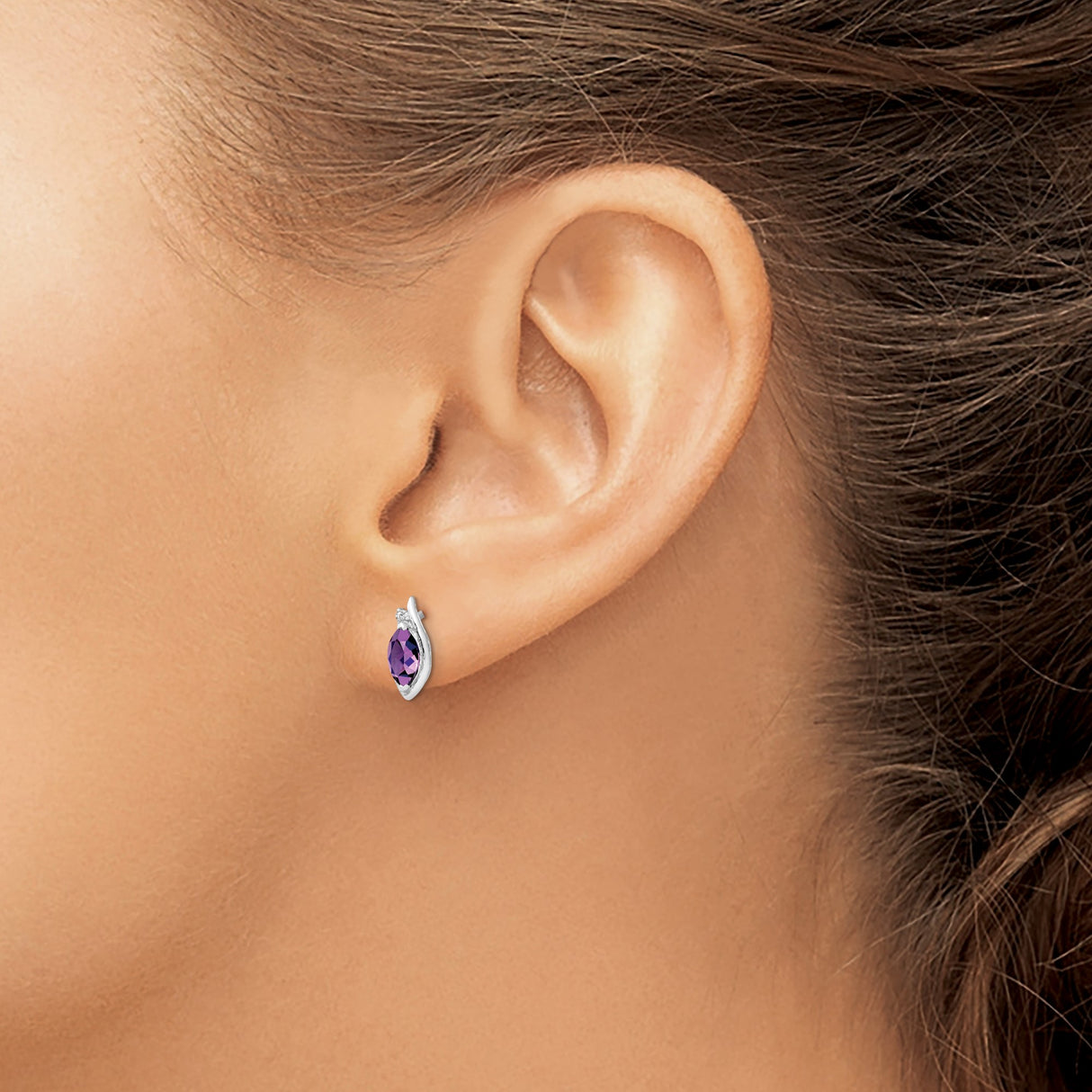Sterling Silver Marquise Amethyst Stud Earrings with Cubic Zirconia Leaf Design