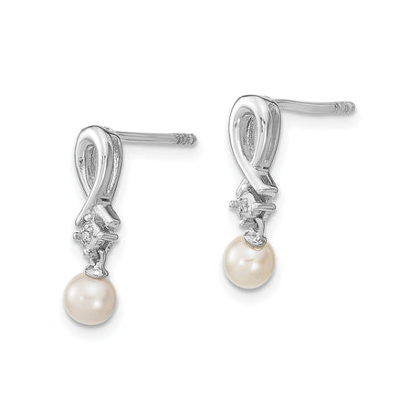 Sterling Silver Drop Earrings with White Pearl and Cubic Zirconia Ribbon Design