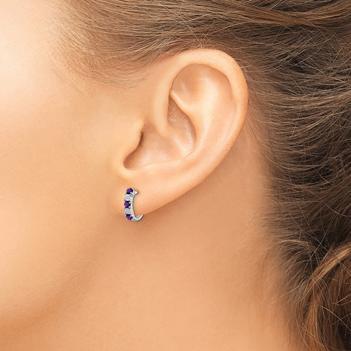 Sterling Silver Hoop Earrings with Amethyst and Cubic Zirconia in Shared Prong Setting