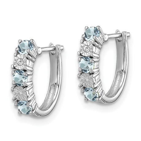 Sterling Silver Hoop Earrings with Aquamarine and Diamond in Channel Setting
