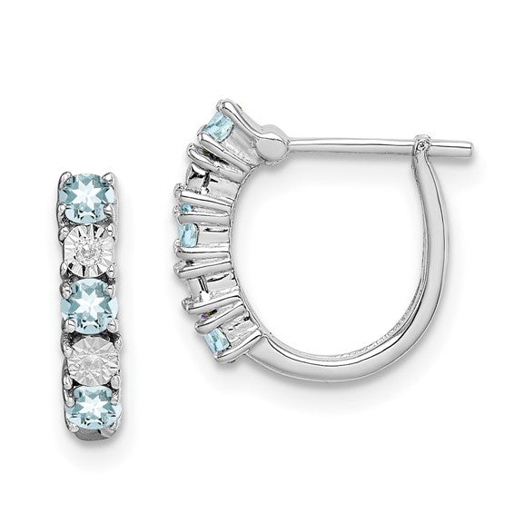 Sterling Silver Hoop Earrings with Aquamarine and Diamond in Channel Setting