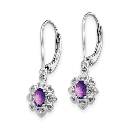 Sterling Silver Drop Earrings with Amethyst, Heart and Diamond Accents, Leverback Design